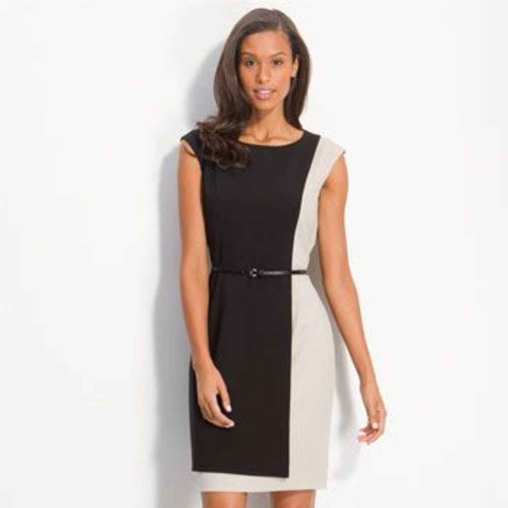 NWOT Calvin Klein back & tan asymmetrical business professional dress - size 4